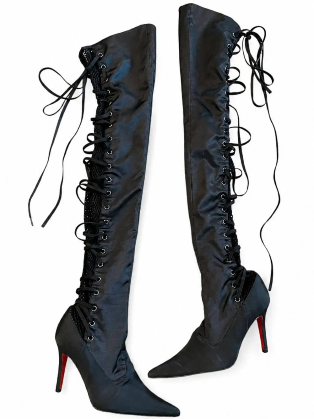 Colin Stuart Satin Mesh Lace-Up Thigh High Boots Black 8.5